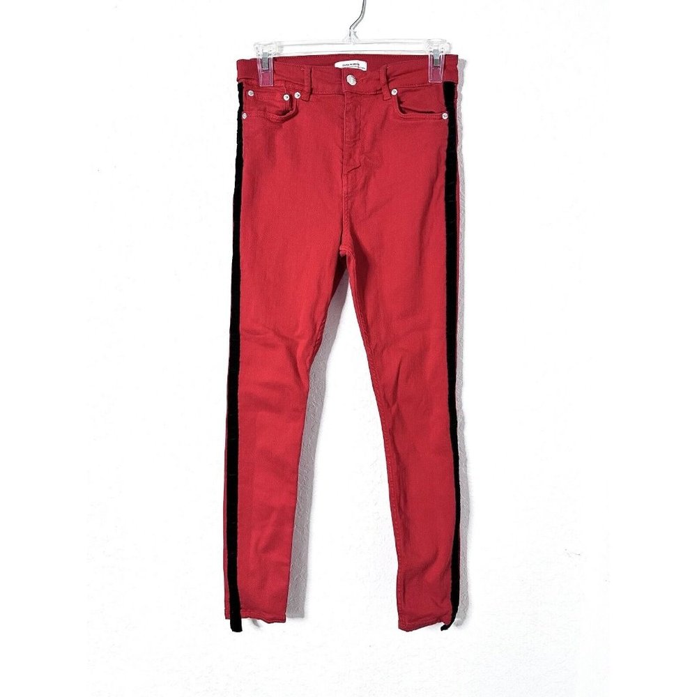Zara High Waist Stretch Jeans | Red /Black Trim Size 6/38 Women’s Pants